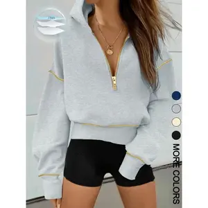 Women’s Loose-Fit Hooded Knit Sweatshirt with Zipper Pocket, Casual Long-Sleeve Pullover for Daily Wear & Sports, Comfortable Ladies’ Apparel