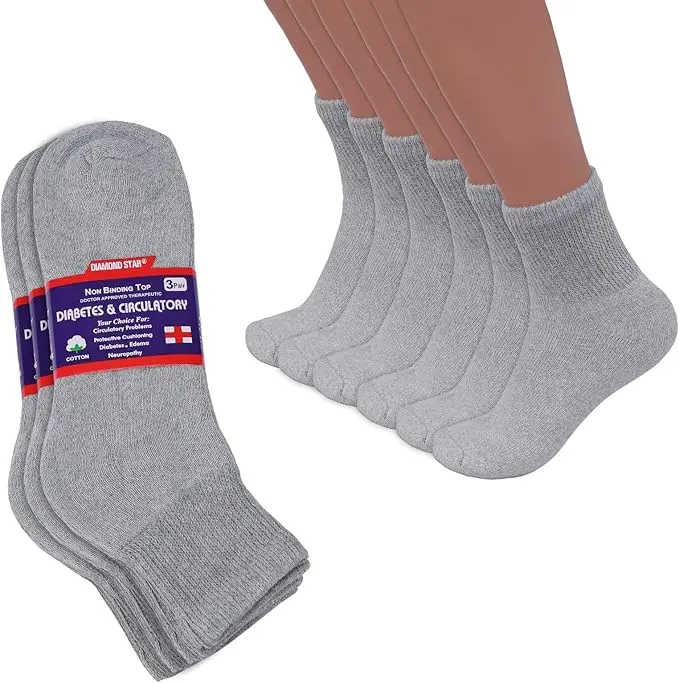 DIAMOND STAR Men's Diabetic Ankle Socks - Doctor-Approved, Non-Binding, Circulatory Cushioned Cotton Quarter Socks with Polyester, Natural Knit, Stretch, Plain Menswear for Daily Athletic Use (3-Pack Grey Big Loose)