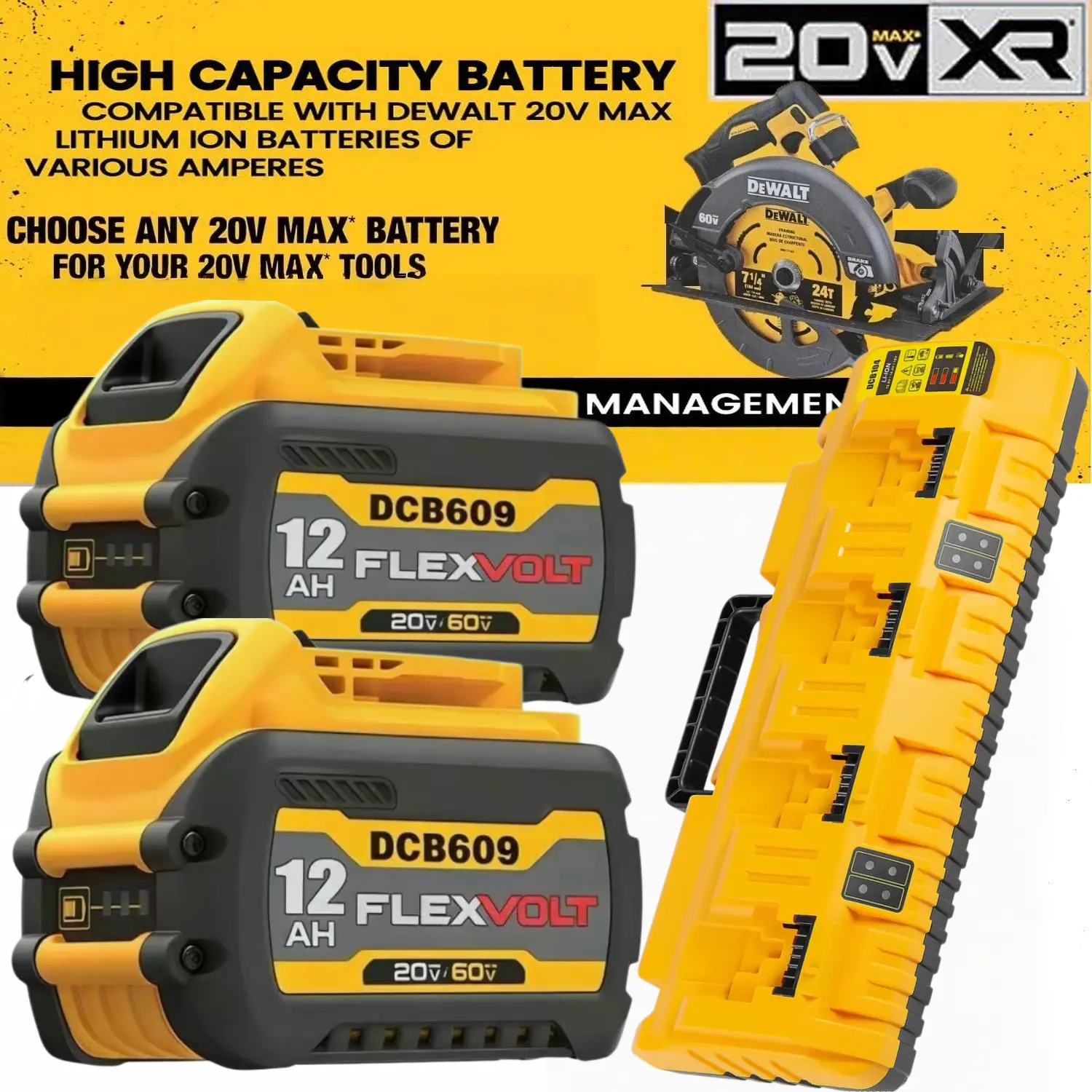 For DEWALT DCB104 20V MAX Multi-Port Fast Battery Charger/2X DCB609 Batteries