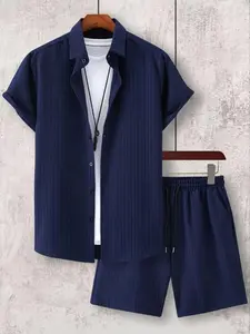 Men's Textured Set 2-Piece Short Sleeve Shirt and Pants, Fashion Summer Beachwear, Menswear, Comfortable Loose Lightweight Fabric for Casual Wear