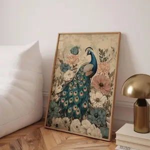 Vintage Peacock Botanical Wall Art Print Boho Floral Illustration Teal Blush Home Decor S