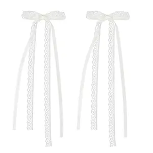 Lace Hair Bow with Long Tail Coquette Bows - Elegant White Ribbon Hair Accessory Hair Ribbons for Women (A Pair)