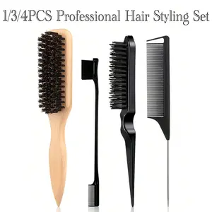 4-Piece Professional Hair Styling Kit – Natural-Feel Bristle Brush with Sectioning & Styling Combs for Smooth, Polished Hair and Salon-Style Results, Brush Set, Paddle Brush, Hair Styling Tools