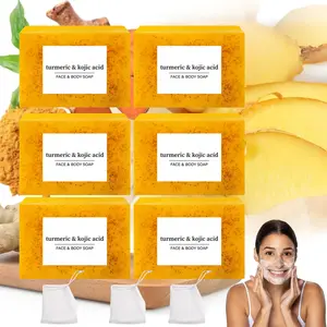 Lemon Turmeric And Kojic Acid Soap Bar, Turmeric Brightening Soap, 6 Counts/set Summer Acne Face & Body Wash for Men & Women, Daily Skincare Cleanser Sets with Soap Saver Bags, Body Cleansing Products