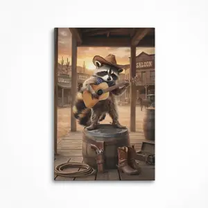 Rustic Wild West Saloon Raccoon Wall Art | Vintage Cowboy Guitar Canvas Print | US Made Room Decor