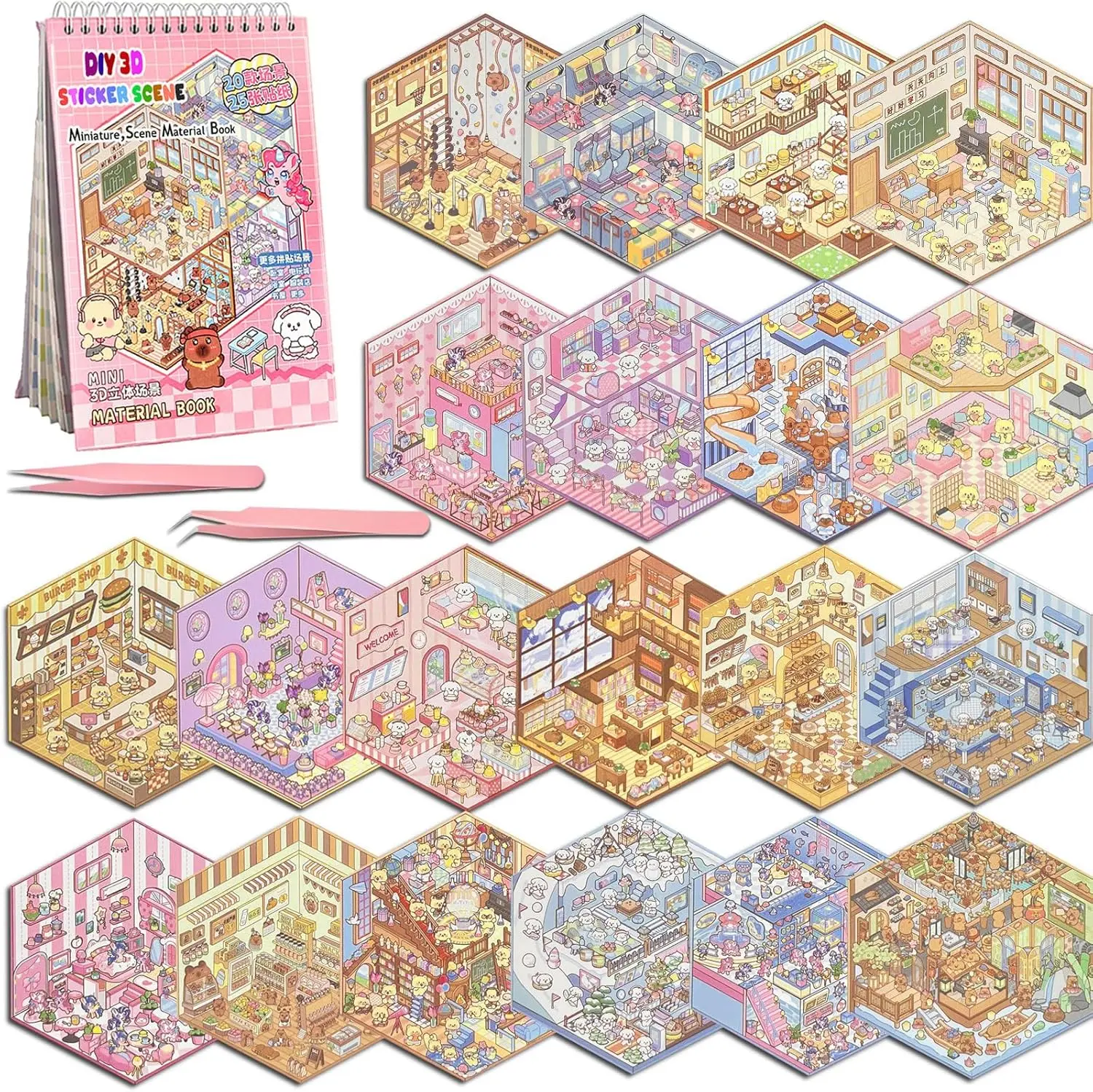 Miniature Scene DIY Sticker Book, 20 Sets DIY 3D Sticker Scene Sticker, Cute Cartoon Creative Sticker,  Make Your Own House Sticker for Scrapbooking & Journal Making