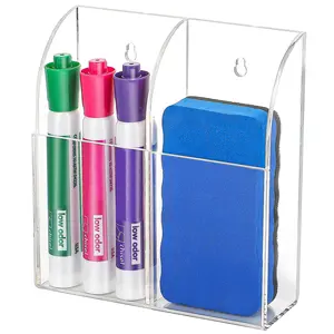 MaxGear Wall Marker Holder & Remote Control Organizer, 2 Compartments Acrylic Organizer for Remotes, Pens, Makeup, Markers, Clear Desk Wall Pen Holder for Whiteboard-5.4'' X 1.6'' X 5.5'', 2 Pack