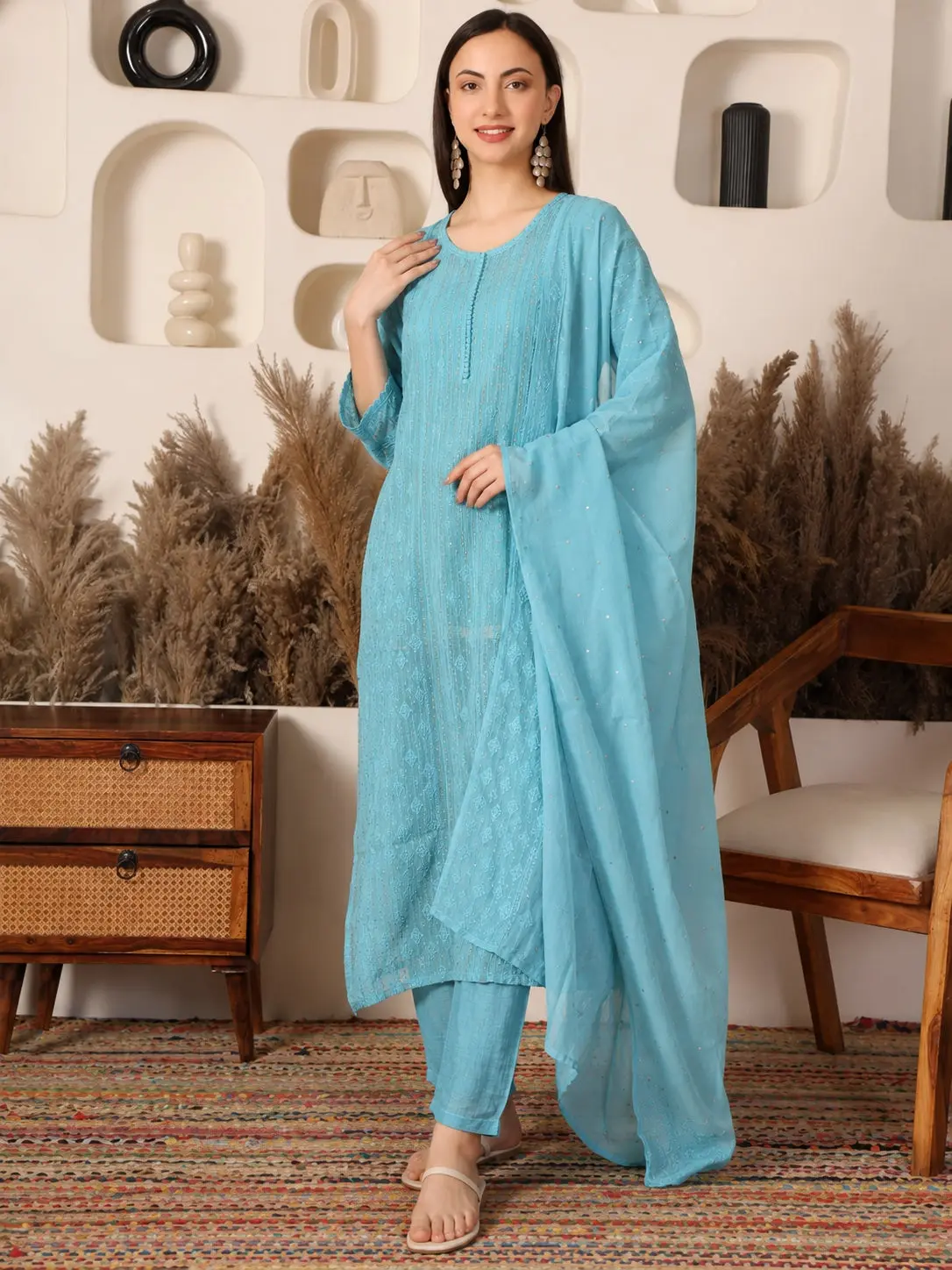 Neel Tara Mul Chanderi Teal Suit Set