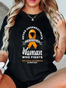 Plus Size Women'S T-Shirt - Never Underestimate a Woman Who Fights Multiple Sclerosis Graphic Tee, Casual Short Sleeve Crew Neck, Breathable Summer Shirt for Casual Attire, Motivational Clothing  Empowering Message Shirt  Glossy Texture Shirt