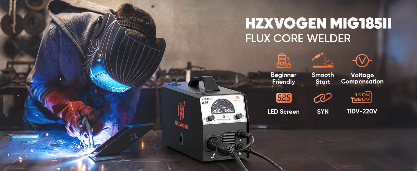 HZXVOGEN MIG185II 185A MIG Welder, 4 in 1 Gas MIG/Flux Core Gasless MIG/Lift TIG/Stick Welder, 110V 220V IGBT Inverter Synergy Multi Process Welding Machine Large LED Screen Display for Beginner
