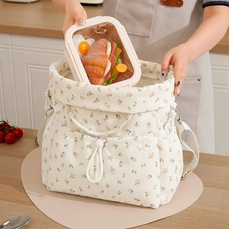 Vintage Floral Lunch Bag for Women, Large Drawstring Insulated Lunch Tote with Detachable Shoulder Strap, Multi Pockets Reusable Lunch Box Carrier for Office Work School Picnic Travel