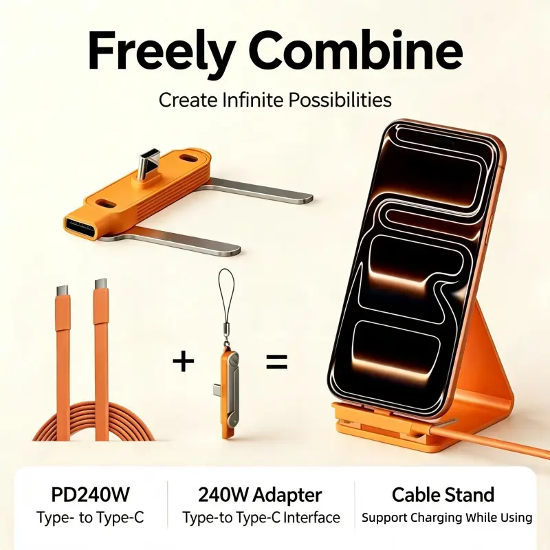 240W USB-C to USB-C Invisible Charging & Data Cable with Foldable 360° Stand, Compact Detachable 2-in-1 Sideways Fast Charging, Ideal for Desk Gaming, Office Use