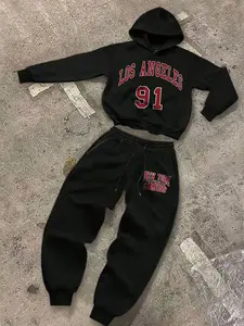 Men's Graphic Lettered Hoodie and Sweatpants Set, Los Angeles Print Streetwear, Casual Fitted Fall & Winter