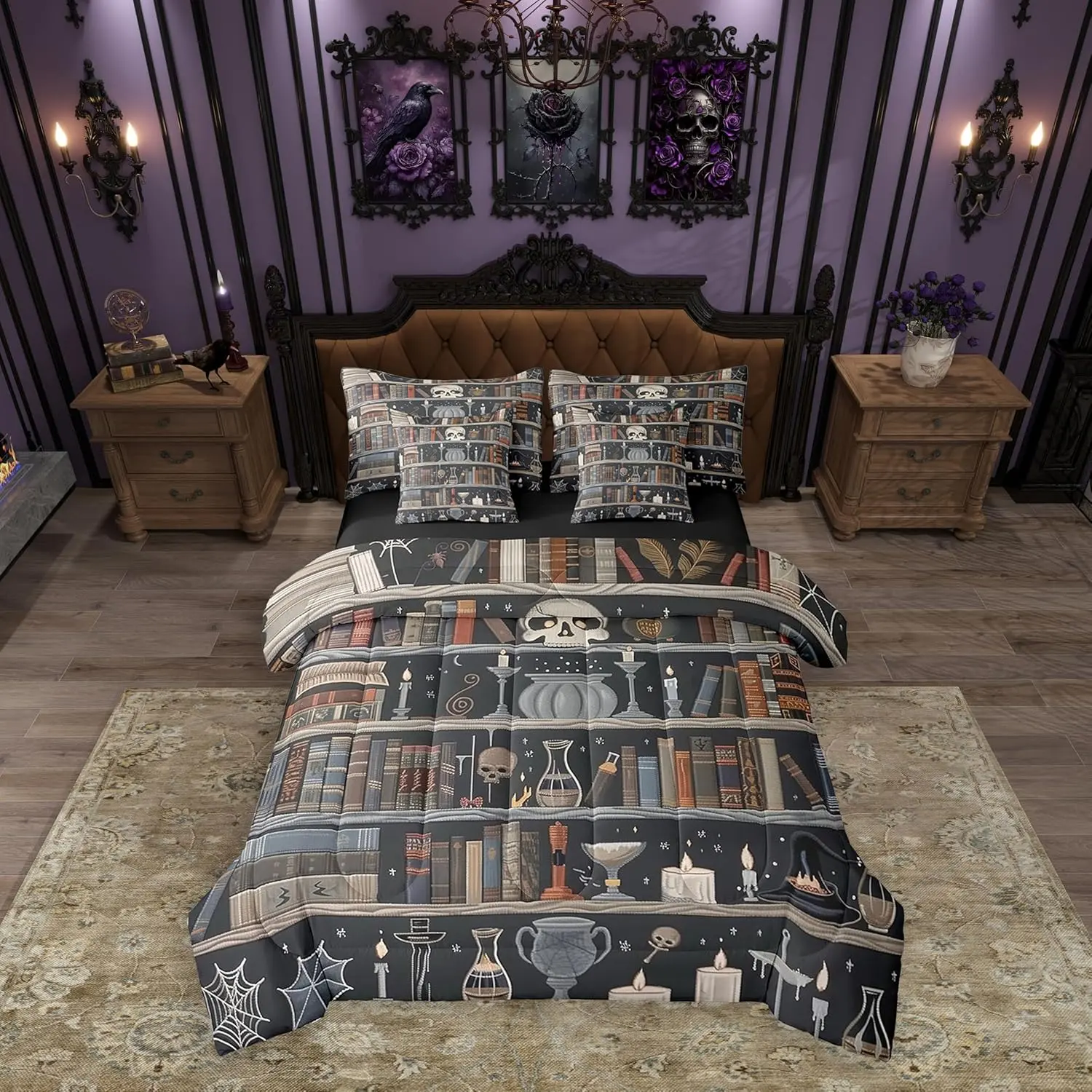Magic Bookshelf Comforter Set 7 Pieces Vintage Library Bedding Set Book Skull Bed in a Bag with Comforter,Sheets,Pillowcases & Cushion Covers