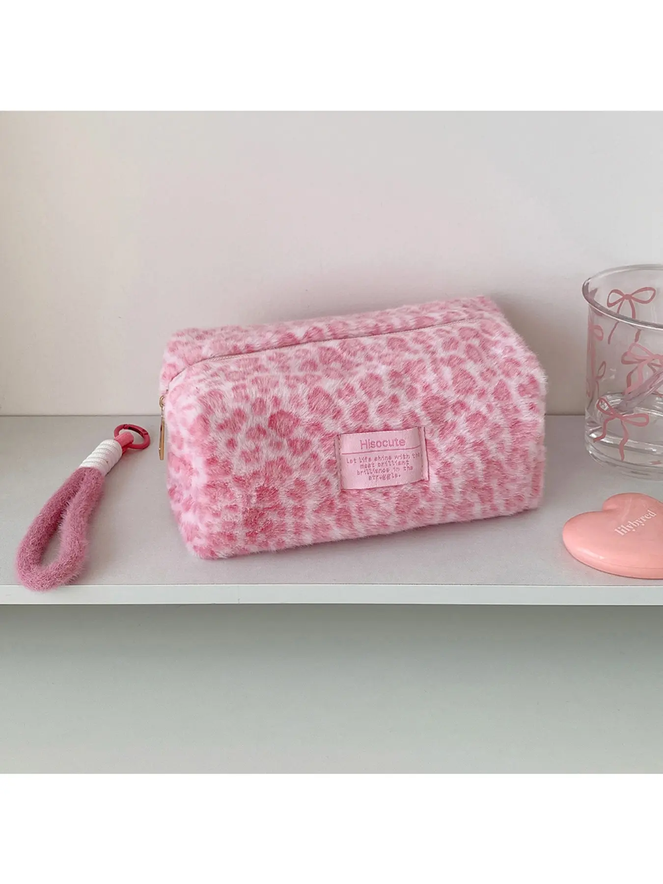 Korean Style Winter Leopard Print Plush Handbag, Student Carry Bag, Portable Skincare Organizer, Large Capacity Pencil Case, Stationery Supplies