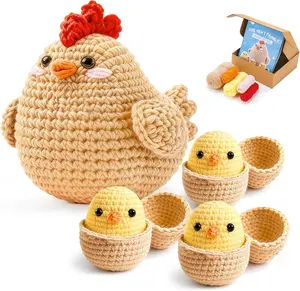 Joyclub Crochet Kit for Beginners 4 Pcs Chicken Family Amigurumi Crochet Starter Kits with Step-by-Step Video Tutorials DIY Craft Gift for Adults Kitting Lovers Mother Teacher Student