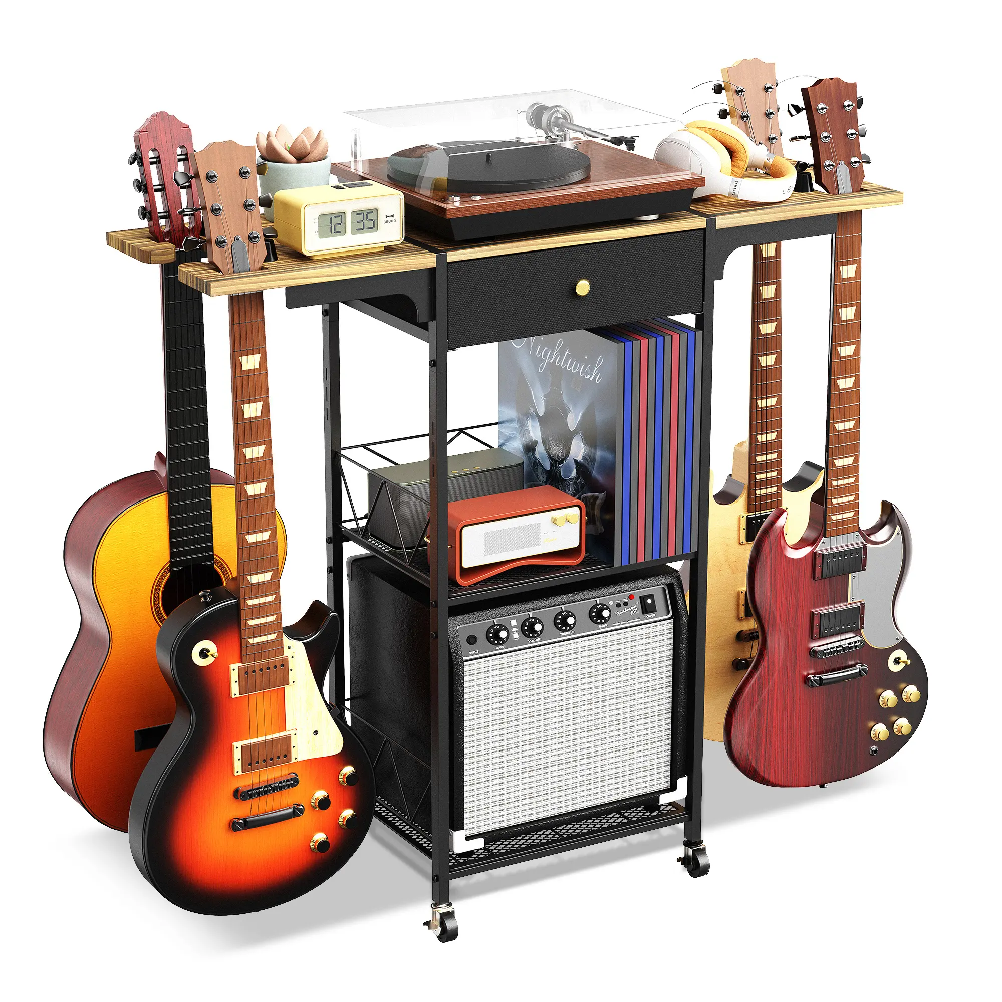 Wooden 3-In-1 Adjustable Floor Rack - 3-Tier Multi Guitar Stand with 4 Holders, Wheels, Amplifier Stand, Drawer; Fits Acoustic/Electric/Bass Guitars, USB Audio Interfaces, Mixers, CDs, Collectibles, Record Players, Magazines (For Music Lovers)