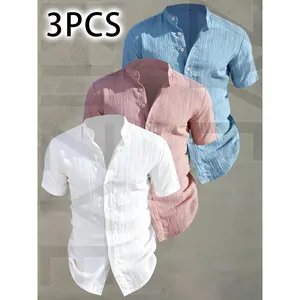 Men's 3-Piece Short-Sleeve Button-Up Shirts - Lightweight Breathable Casual Stand Collar Plain Mens Clothing, Beach Vacation Wear, Machine Washable Comfortable Gift Idea, Shortsleeve