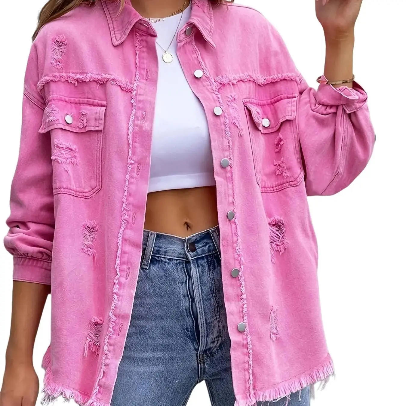 Womenswear Solid color mid-length ripped long sleeve denim jacket distressed shacket Fashion Casual Comfort denim bomber jacket Tops Shirt Vintage Coat Hipster Polyester summerwins Soft Button