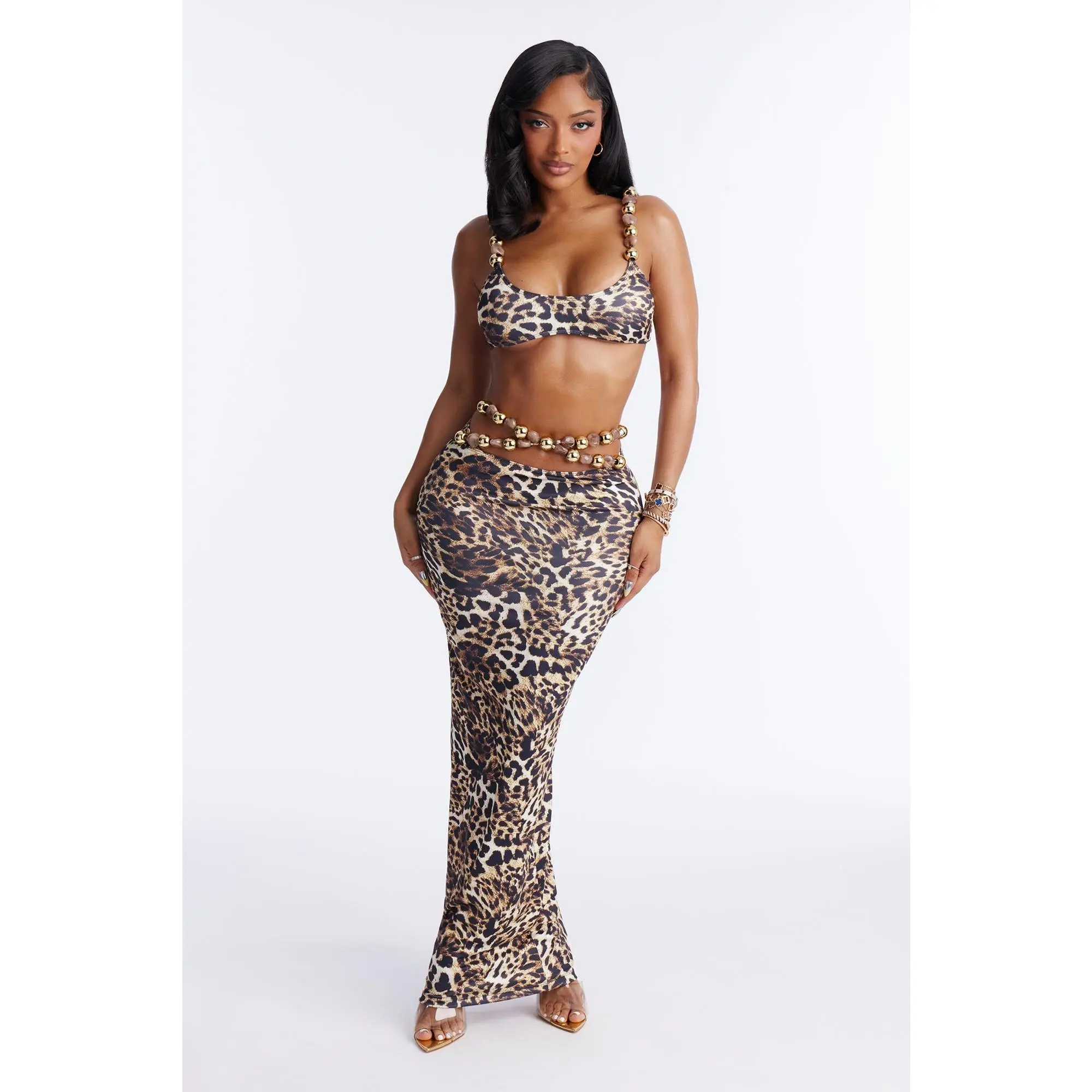 Remi Bead Straps Leopard 3 Piece Bikini & Skirt Set - Brown/combo