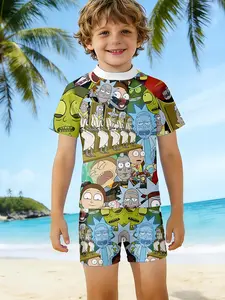 Boys' Cartoon Anime Swimwear, Quick-Dry Breathable Separated Shorts, Casual Slim-Fitting H-Type Suit, All over Print