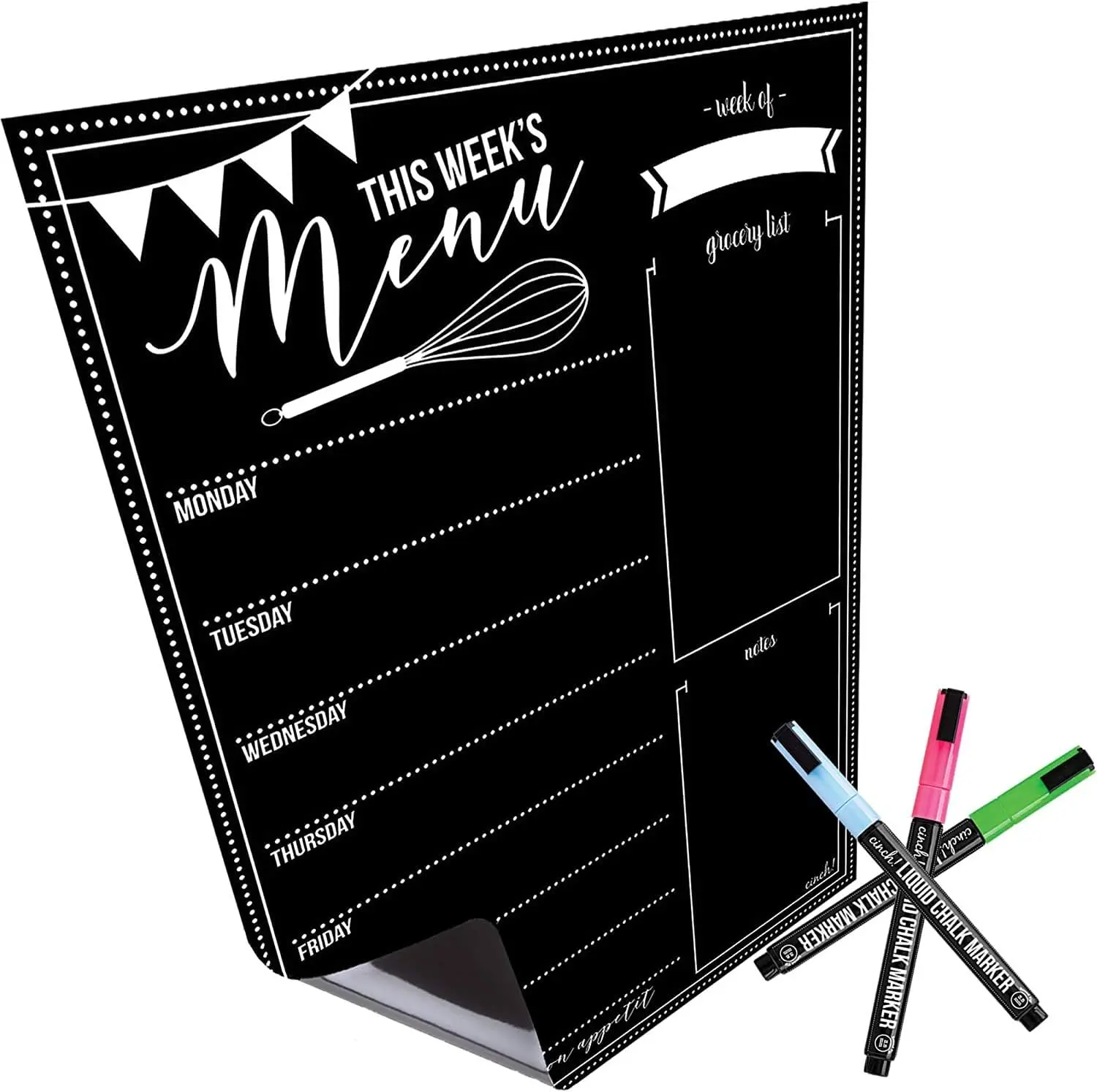 Magnetic Refrigerator Chalkboard Calendar (16in x 12in) - Fridge Organization Tool, Easy Meal Planning Board, Kitchen Home Decor Accessory, Includes 3 Neon Markers & Noted Sections for Mums, Grocery List Helper