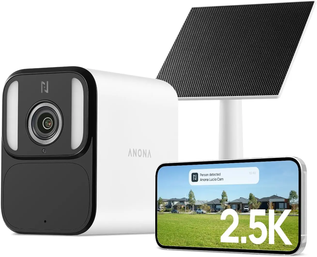 Anona Lucio Security Camera 4MP 2.5K Super HD Battery/Solar Powered with Color Night Vision, IP67 Weatherproof, Human/Vehicle/Pet/Package Detection solar panel