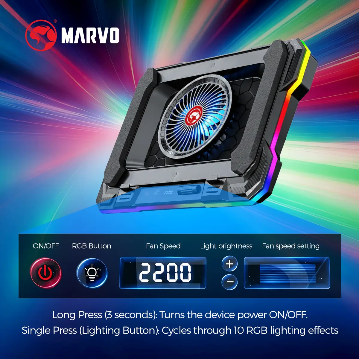 Marvo Gaming Laptop Cooler Pad - 140mm High-Speed Fan, 7-Level Ergonomic Support, 10 RGB Lighting Modes + Blue Light, LED Display, Dual USB Ports, 1.2KG ABS Build, Computer Peripherals, Gaming Items, Gamer Stuff for 14-19in PCs & Devices, Rgb Lights