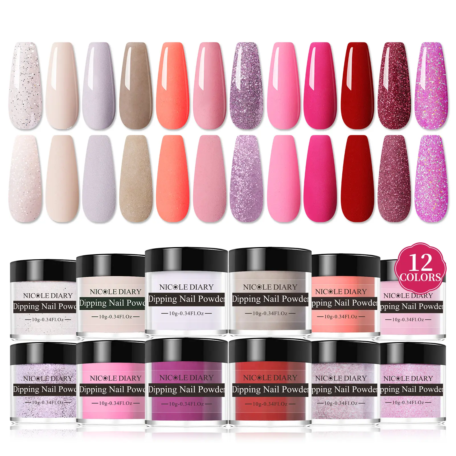 NICOLE DIARY Dipping Powder 12 Colors Kit 10g Dip Nails Powder Set Nude Pink Red French Nail Art Manicure Nail Care Easy to Use Polish Christmas Nails