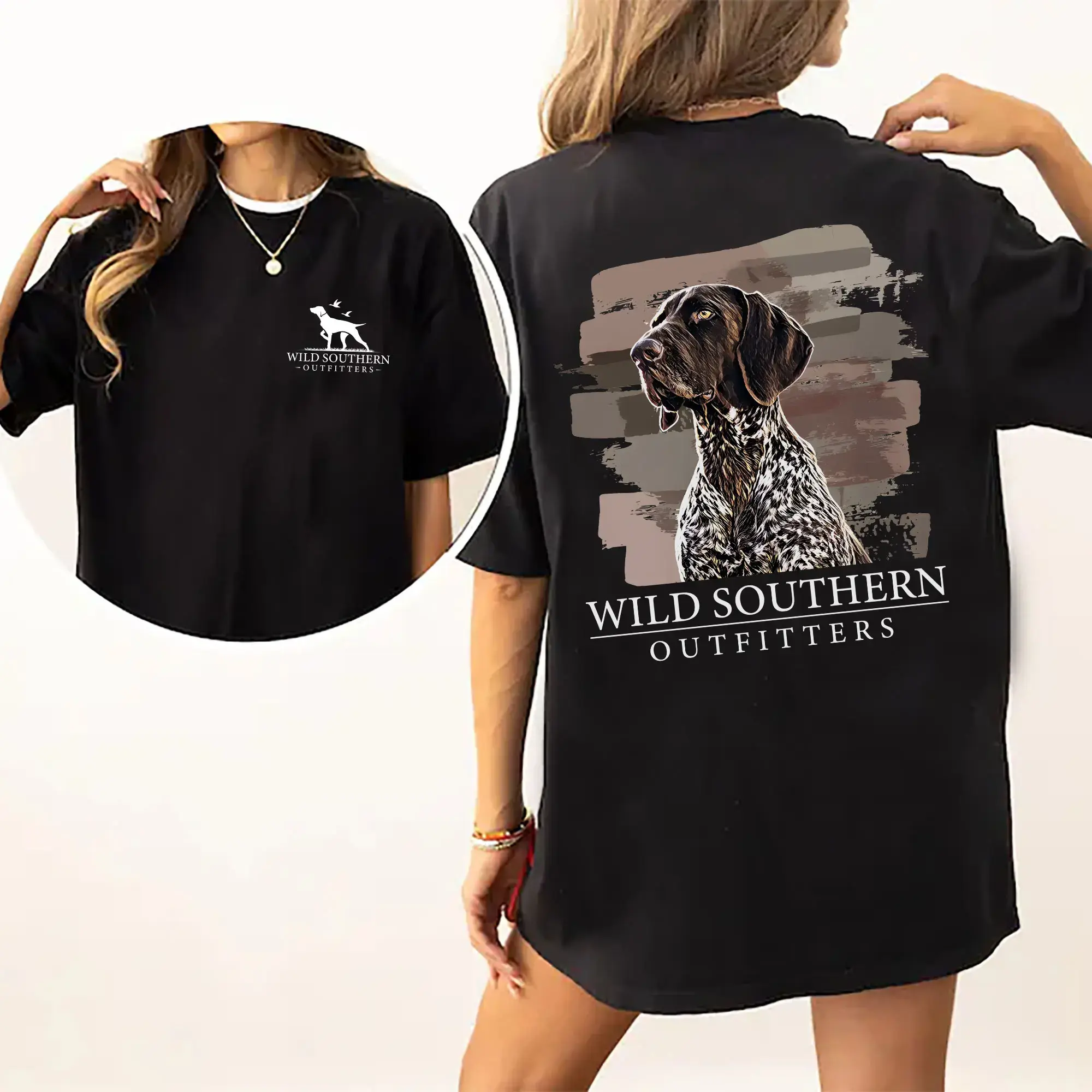 Women's Cotton T-Shirt with German Shorthaired Pointer Graphic, Casual Loose-Fit Round Neck Top for Animal Lovers, Check, Animal Lover Women's T-Shirts, Tshirt, Lady, Custom, Animal Story Graphic Women's T-Shirts