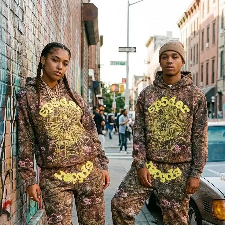 Hip Hop Spider OG Web Real Tree Sweatpants Set – Y2K Hoodie Tracksuit Pullover Sweatshirt for Women & Men, Matching Couples Streetwear Outfit, Camo Casual Sweatpants Set, Fall Winter Fashion Gift