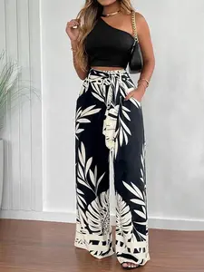 2pcs Women Fitted One-Shoulder Top With Belt, And Straight Print Pants, Outfit Se