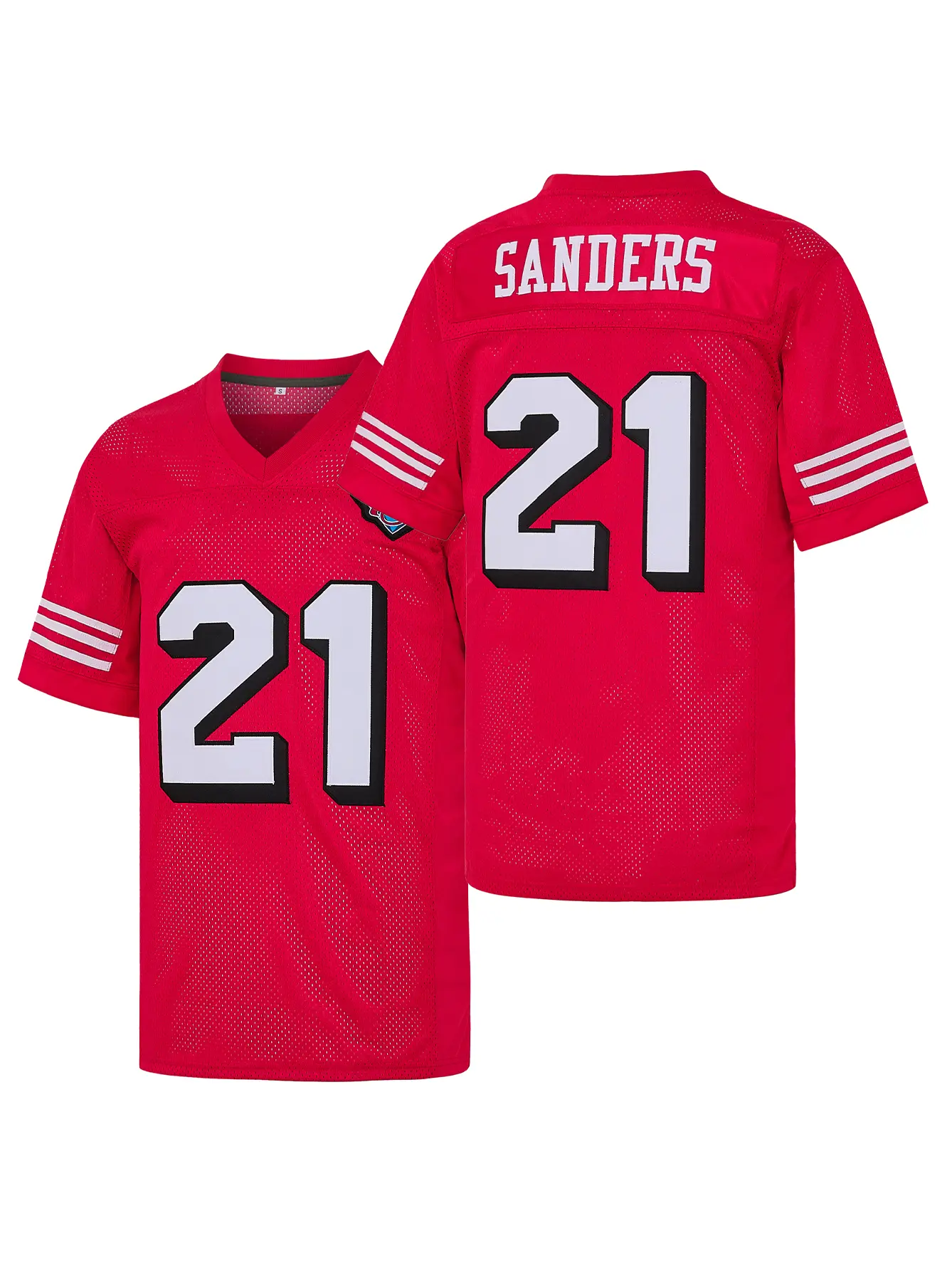 Men's Sanders #21 Red Football Jersey, 75th Anniversary Patch Mesh V Neck,Letter Embroidery Game Training Football Clothing，Fan Gift