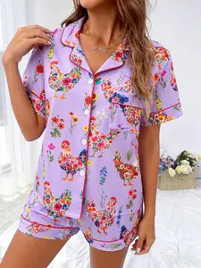 Women's Summer 2-Piece Pajama Set, Nightwear, Purple Floral & Rooster Print, Lapel Collar Button Down Loungewear, Soft Breathable Short Sleeve Shorts Set, Pastoral Style Cute Loungewear for Daily Leisure and Outdoor Wear, Pjs, Homewear