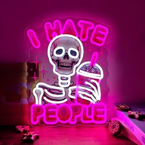 I Hate People Neon Sign, Gothic Neon LED Sign for Halloween Wall Decor, Funny Pink Skull Room Decor, USB Powered Acrylic Neon Light 15.75x12.60 inch