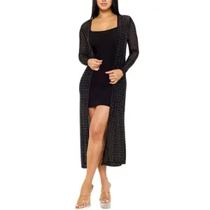 Isabella Cardigan -This cardigan features a rhinestone square pattern mesh design. It is a sheer cardigan with a two-hook closure front. The cardigan has long sleeves and moderate stretch. The model, who is 5'8", is wearing a small size.