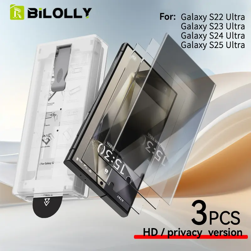 Bilolly [3-pack] Screen Protector, HD/Peeping Version, for Samsung Galaxy S25/S24 /S23 /S22 Ultra Screen Protector, [3-second installation] [3D curved full coverage] [Bubble-free] [Fingerprint-friendly] [Non-glass] 7H Screen Protector Ultra-clear Film