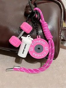 Sporty fitness-themed keychain set, Stylish keychain, Keychain wristlet strap, featuring dumbbell and barbell designs, woven lanyard, lightweight and portable, ideal as a bag accessory or for on-the-go carrying