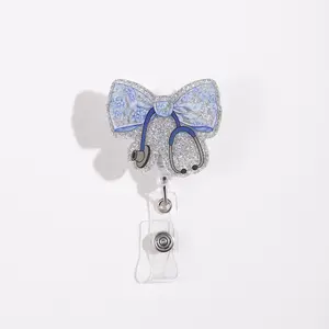 Blue Ribbon Nurse Badge Reel with Silver Color Glitter Design, Stethoscope Pattern Accessory for Medical Professionals & Students