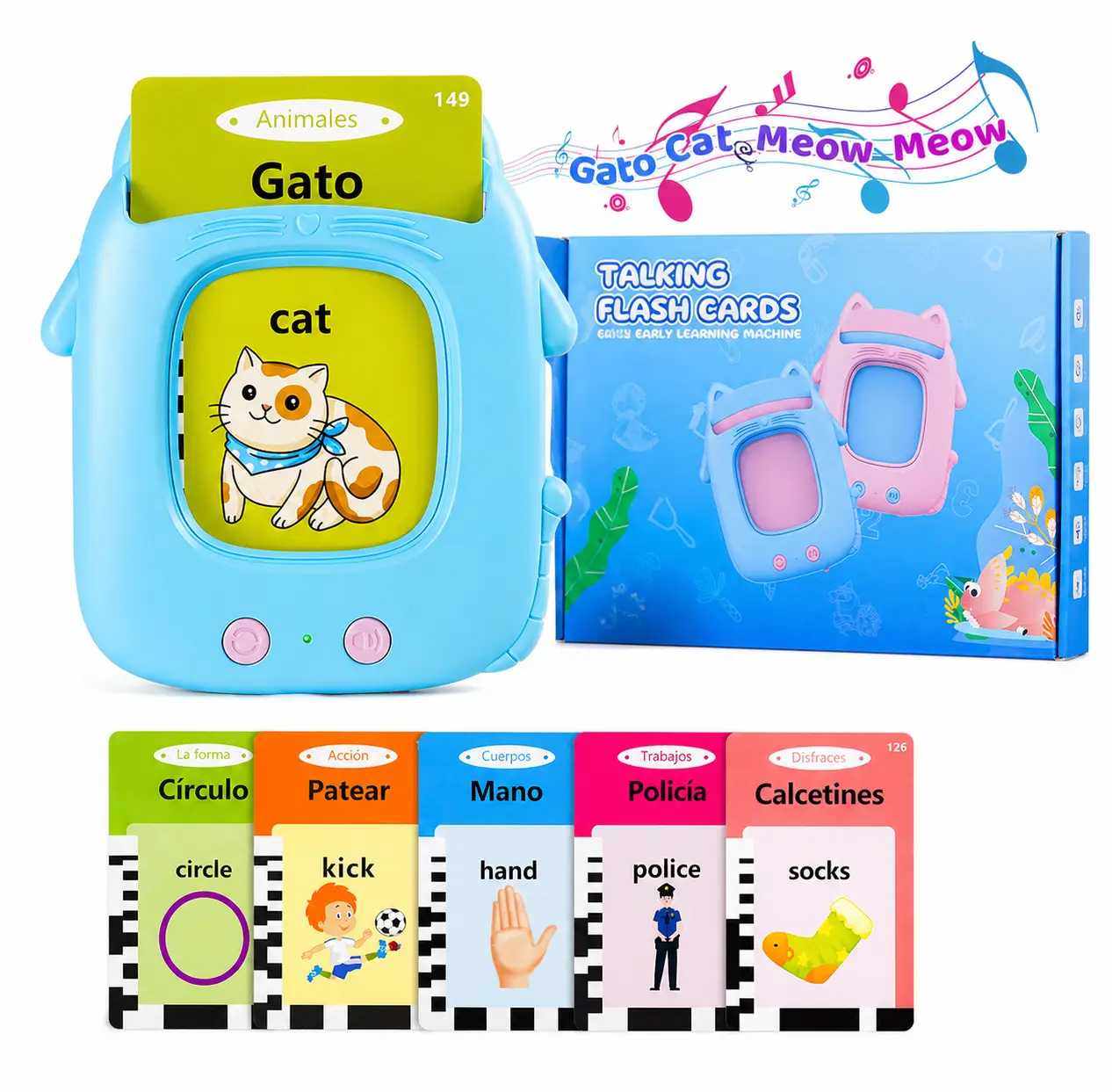 Bilingual English Spanish Talking Flash Cards for Kids Ages 3+, 224-Word Language Learning Toy, Preschool Vocabulary, Speech Therapy Style Montessori Flash Cards for Back to School Prep