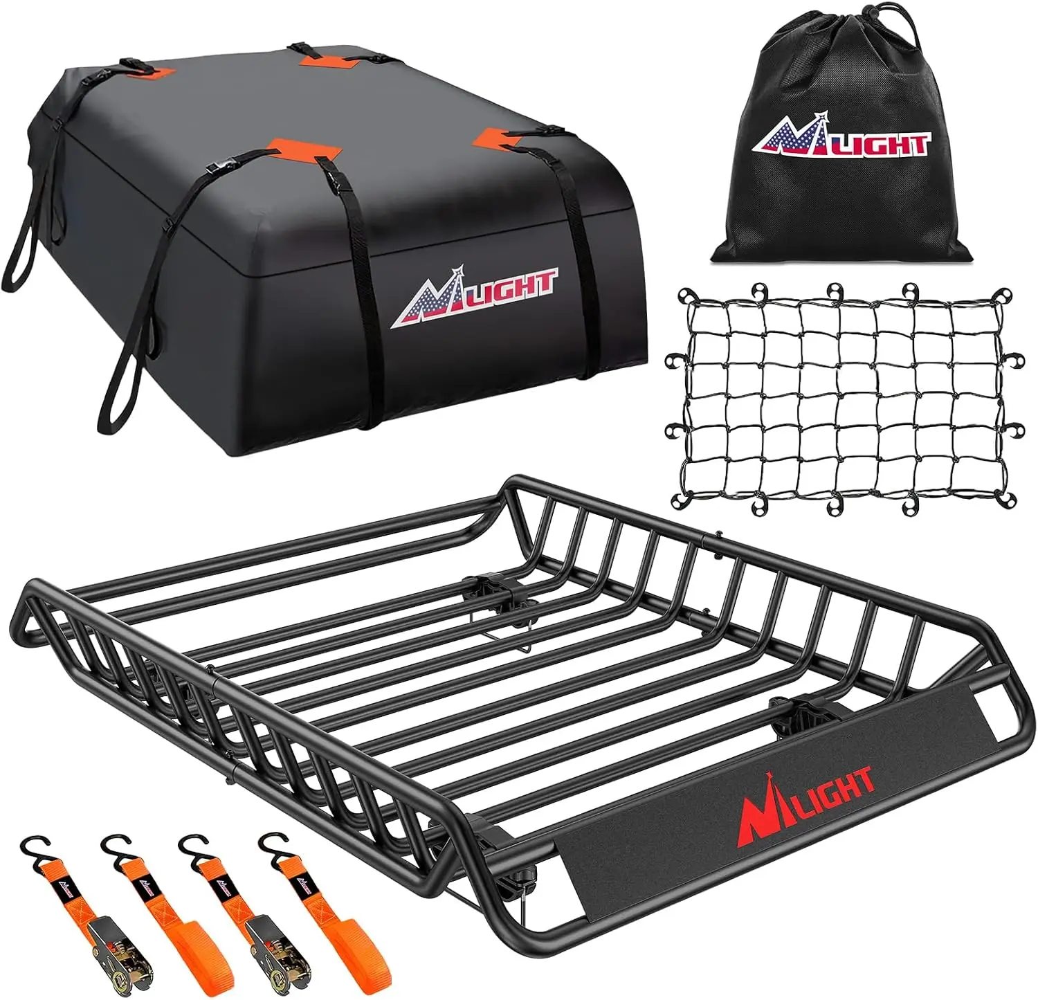 Nilight Powder Coated Rubber Heavy-Duty Metal Rooftop Cargo Basket (51x36x5in, 200 Lbs Cap.) with Upgraded Design, Wind Fairing, Soft Shell Bag, Luggage Net, Ratchet Straps for SUV, Truck - Universal Car Accessories