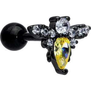 16 Gauge 1/4 Clear Yellow Gem Black Butterfly Cartilage Tragus Earring