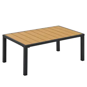 Multifunctional outdoor patio coffee table, all-weather outdoor patio coffee table, brown tabletop with wood-grain finish, modern rectangular coffee table suitable for porches, balconies, patios, and yards
