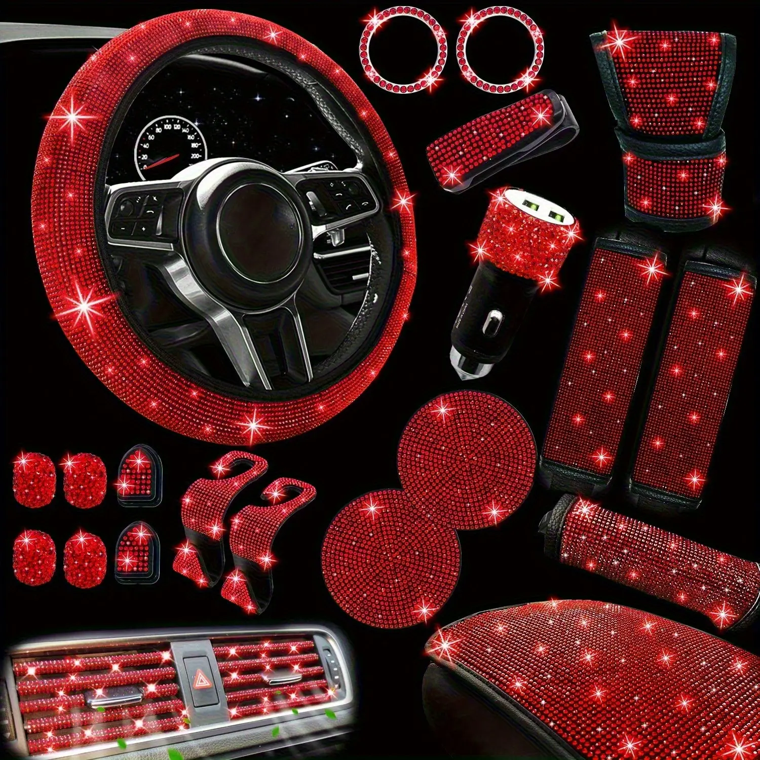 30pcs Bling Car Accessories Set for Women, Steering Wheel Covers Universal Fit 15 Inch, Seat Belt Covers, Armrest Cover, Gear Shift Covers Cute Interior Set Decorations, car accessories women, car interior accessories, car decor