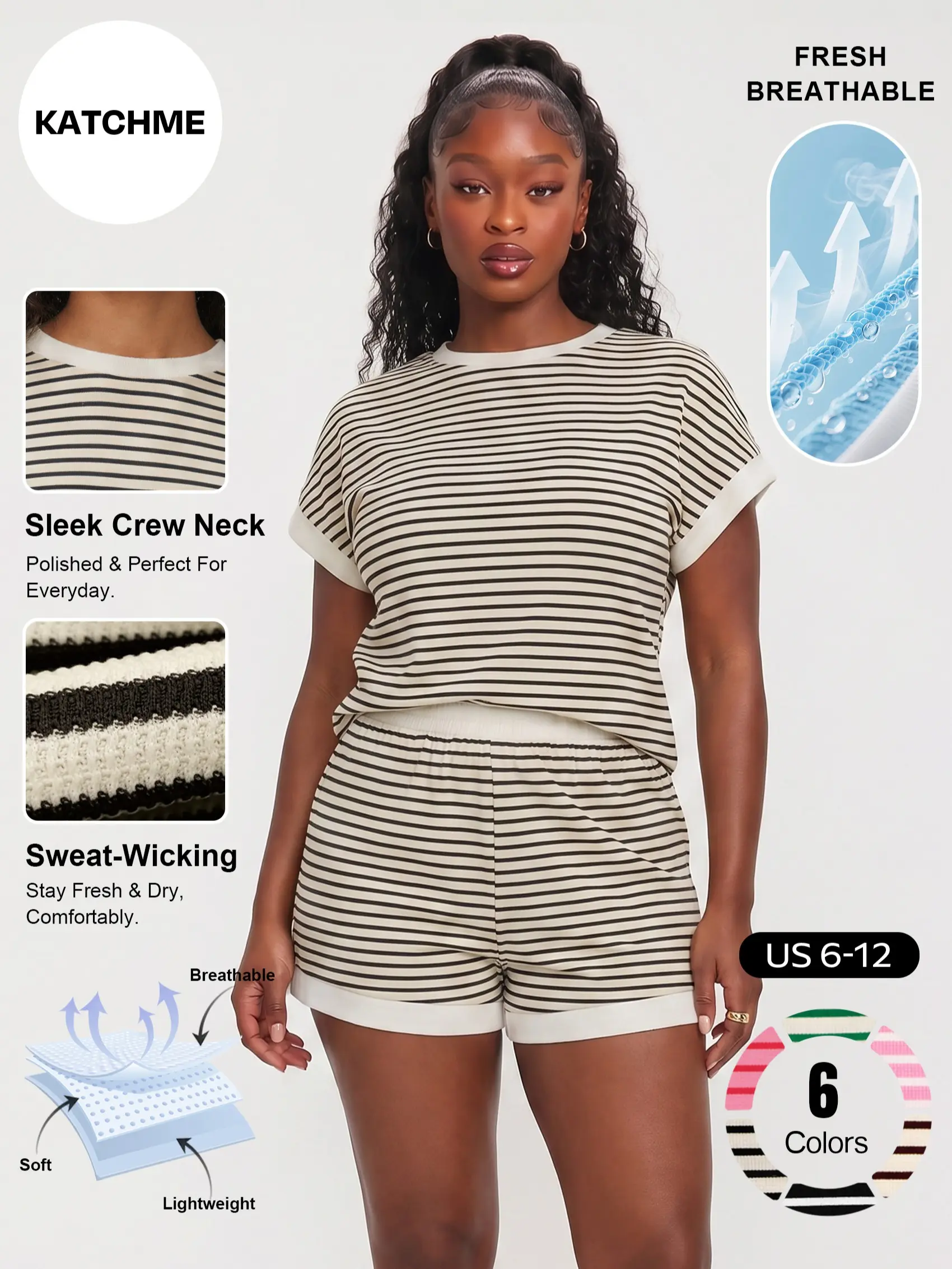 Katch Me Chic Women's Slouchy Stripe Round Neck Short Sleeve Top & Side Pocket Shorts Co-ord, Loose Lightweight Pill Resistant Two Piece Sets, Athleisure Breathable Daily Outfit