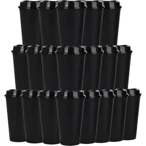 20 Pack  Coffee Cups with Lids 16 oz Plastic Tumblers Travel Mug Iced Coffee Cup for Adults and  Women Hot and Cold Drinks, Microwaveable (Black)