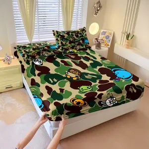 3 Pcs Fun Cartoon Print Fitted Sheet Set, Camouflage Pattern Bedding Set, Decorative Bedsheet Sets, (Pillow insert not included), Soft and Comfortable, Ideal for use in Bedrooms and Dormitories. Suitable for all Seasons, Machine Washable.