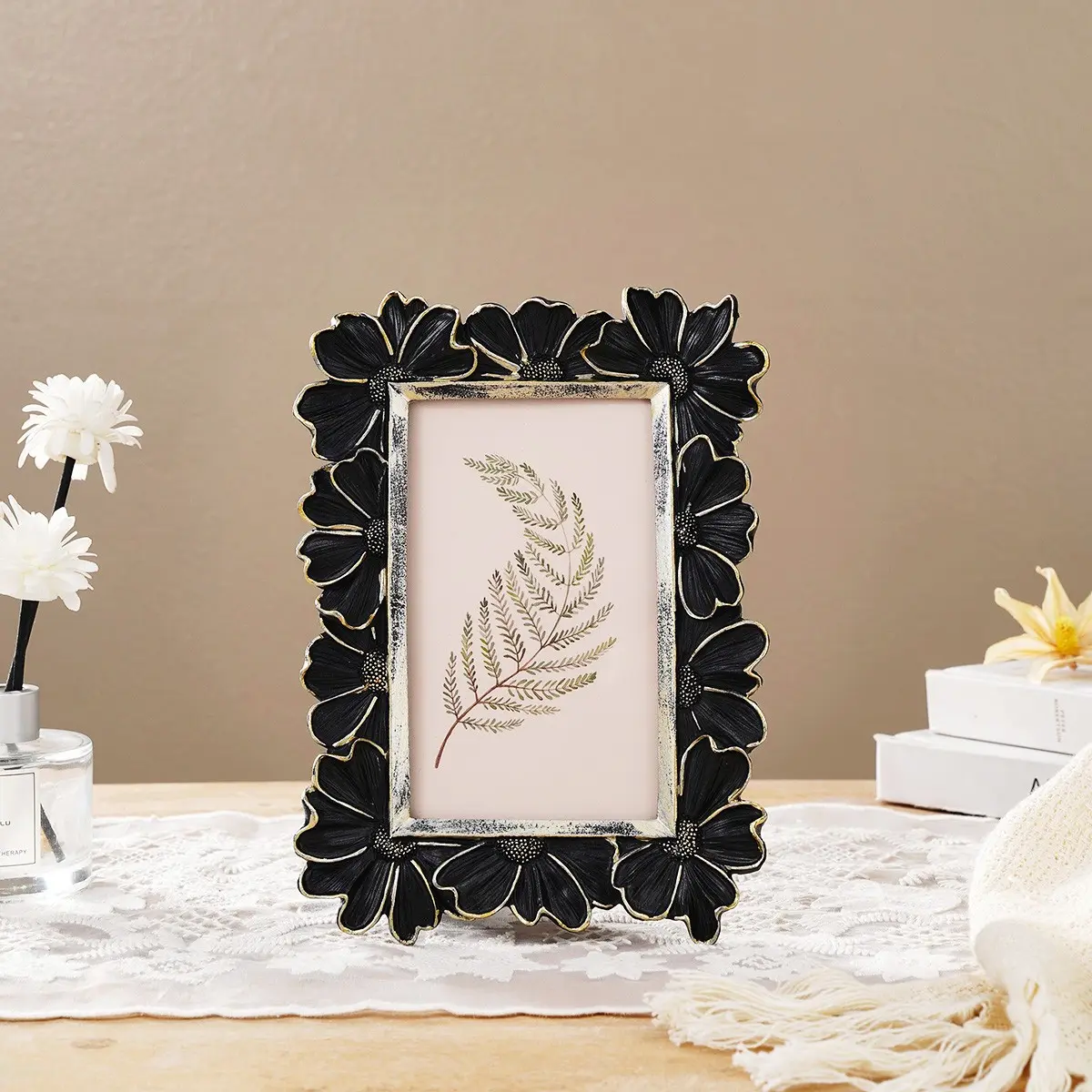 Resin Gold Trim Daisy Flower Frame, Photo Display Frame, Home Desk Decor, Horizontal Vertical Use, Photography Prop, Floral Picture Frame