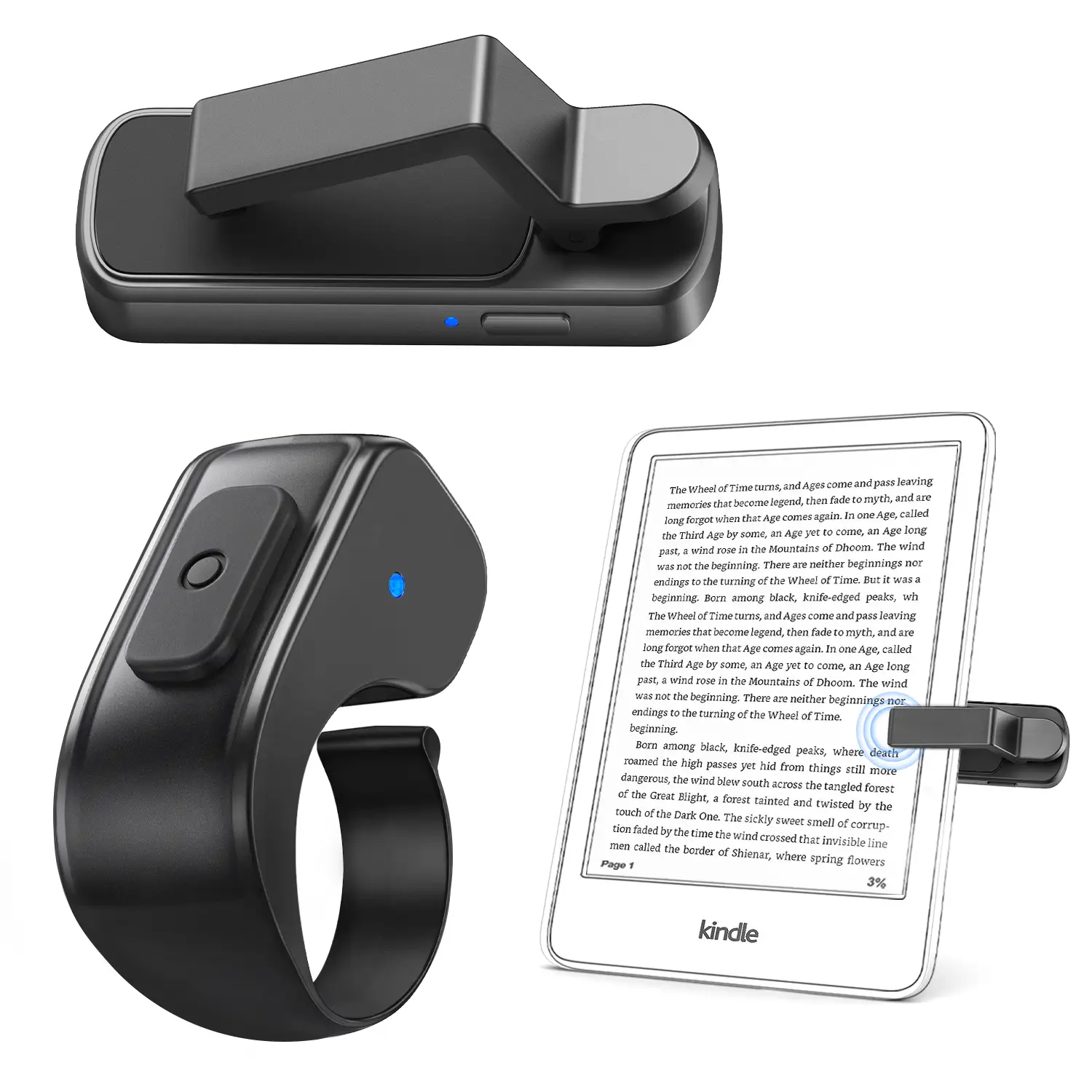 DATAFY Page Turner Ring for Kindle, Hands-Free Remote Control with Storage Bag, Camera Shutter & Video Recording, eReaders Clicker for Kindle iPad iPh