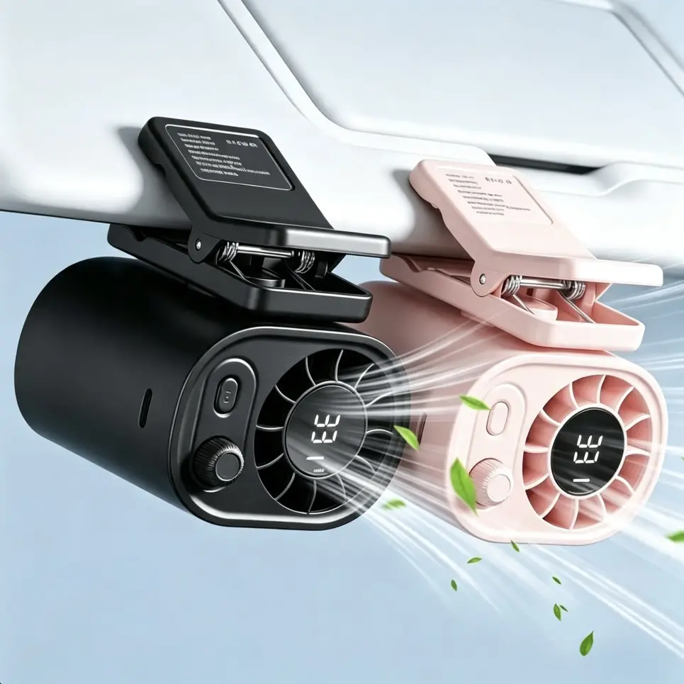 【Summer Survivals】Joytutus Car Clip-On Fan with LED Display, 360° Rotation, Stepless Speed Adjustment, USB Rechargeable, Personal Portable Cooling Fan, Button Control, Car Accessory Summerfinds
